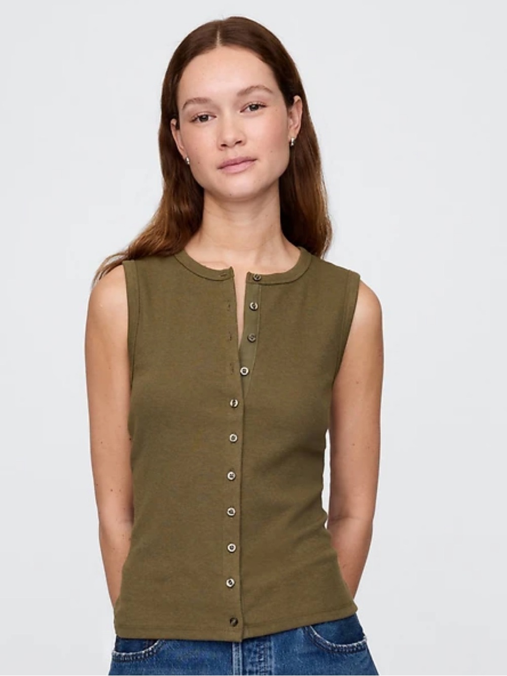 GAP Modern Rib Cardigan Vest in Bracken olive green size XXL